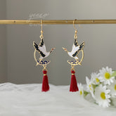 Crane with Red Tassel Earrings Dangle, Japanese Crane Earrings, Oriental Red Earrings, unique earrings Dangle